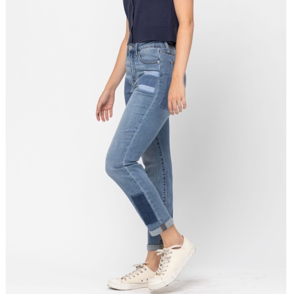 JUDY BLUE WOMENS HIGH WAIST DOUBLE ROLLED CUFF PATCH BOYFRIEND - Picture 7 of 7